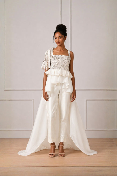 Ivory Silver Embroidered Peplum Top With Pleat Highlight And Trail Attached & Straight Pant Set