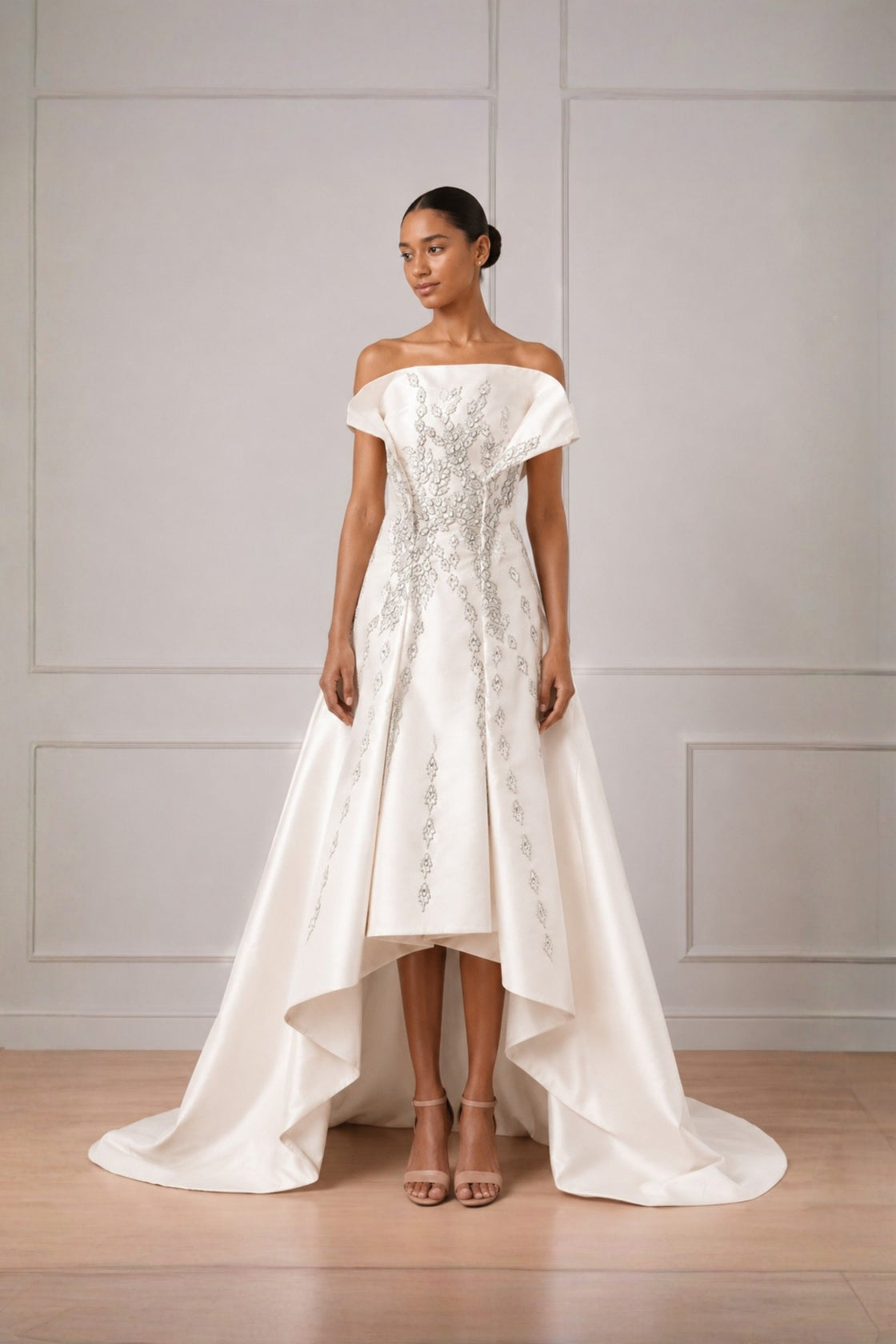 Ivory Silver Threadwork Highlight Off Shoulder Cascade Gown With Back Trail