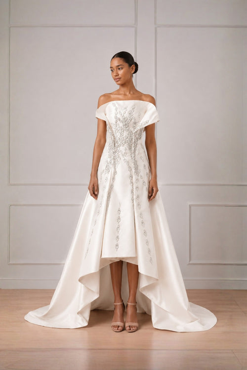 Ivory Silver Threadwork Highlight Off Shoulder Cascade Gown With Back Trail