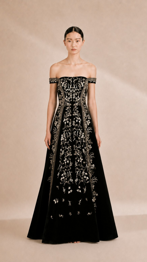 Woman wearing a black evening gown with gold embroidery on a beige background