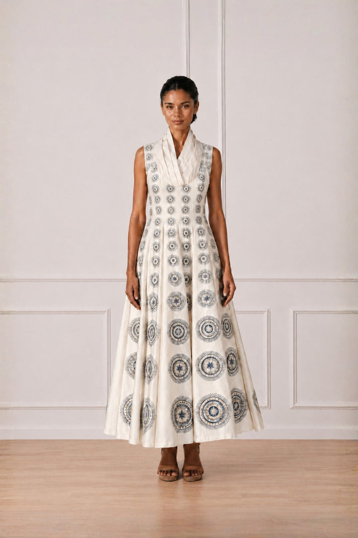 Ivory Cowl Neck Pleated Maxi Dress With Motif Embroidery Highlight