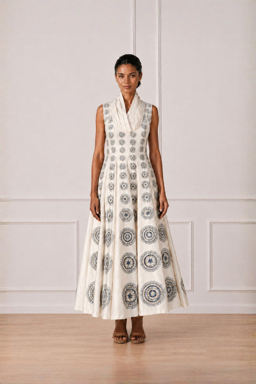 Ivory Cowl Neck Pleated Maxi Dress With Motif Embroidery Highlight