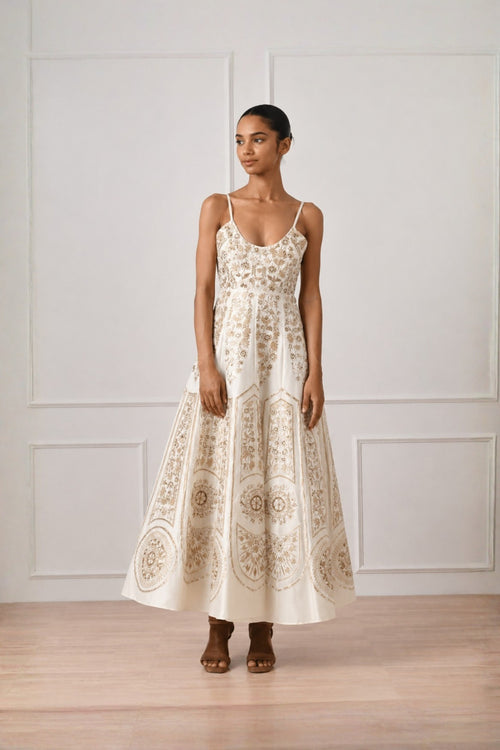 Ivory Gold Threadwork Embroidered Deep Neck Midi-Dress
