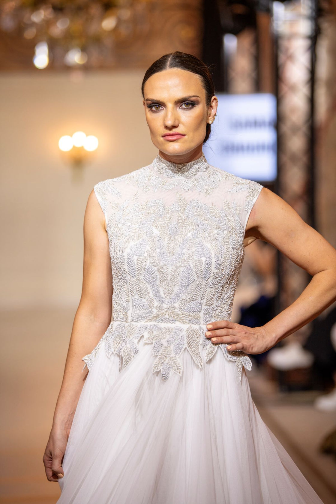 A sleeveless gown features a high-neck embroidered bodice