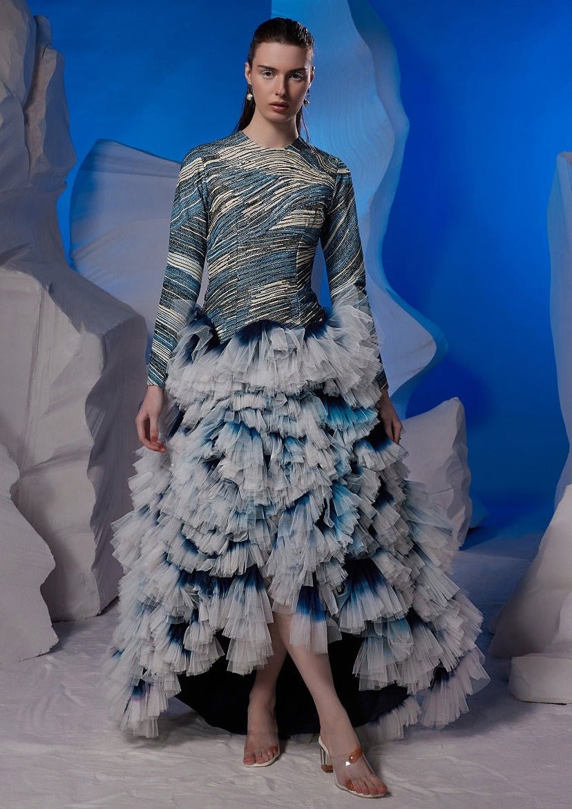 High - low hem gown with an ombre ghera and net frill - samantchauhan Apparel & Accessories
