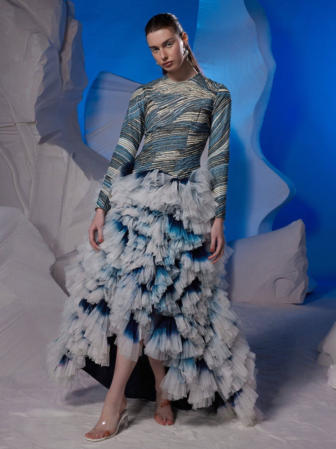 High - low hem gown with an ombre ghera and net frill - samantchauhan Apparel & Accessories