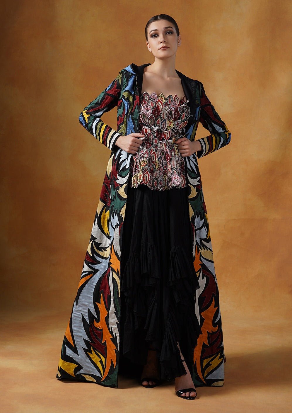 Hooded, floor length cotton silk gown, surfaced with colorful appliqué work all over. - samantchauhan Apparel & Accessories