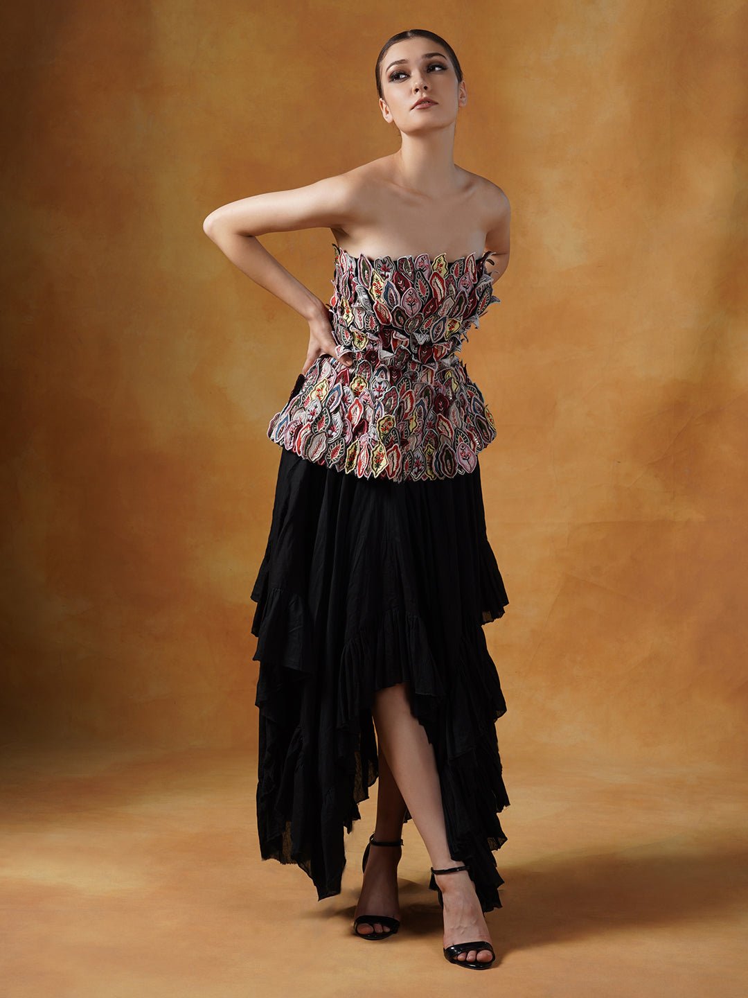 Hooded, floor length cotton silk gown, surfaced with colorful appliqué work all over. - samantchauhan Apparel & Accessories