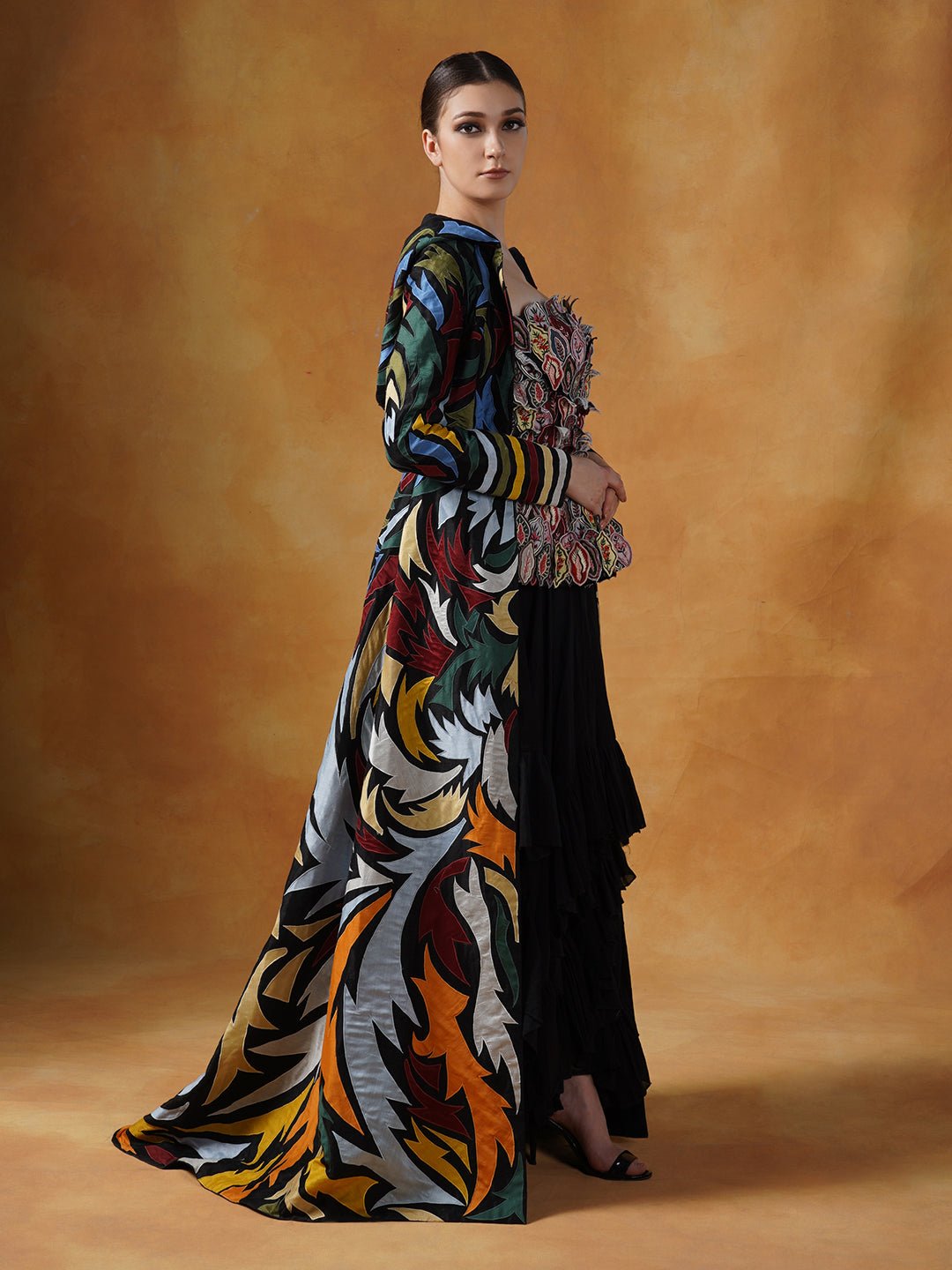 Hooded, floor length cotton silk gown, surfaced with colorful appliqué work all over. - samantchauhan Apparel & Accessories