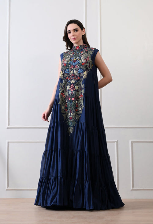 Imperial Blue High - Neck Couture Gown - samantchauhan Apparel & Accessories