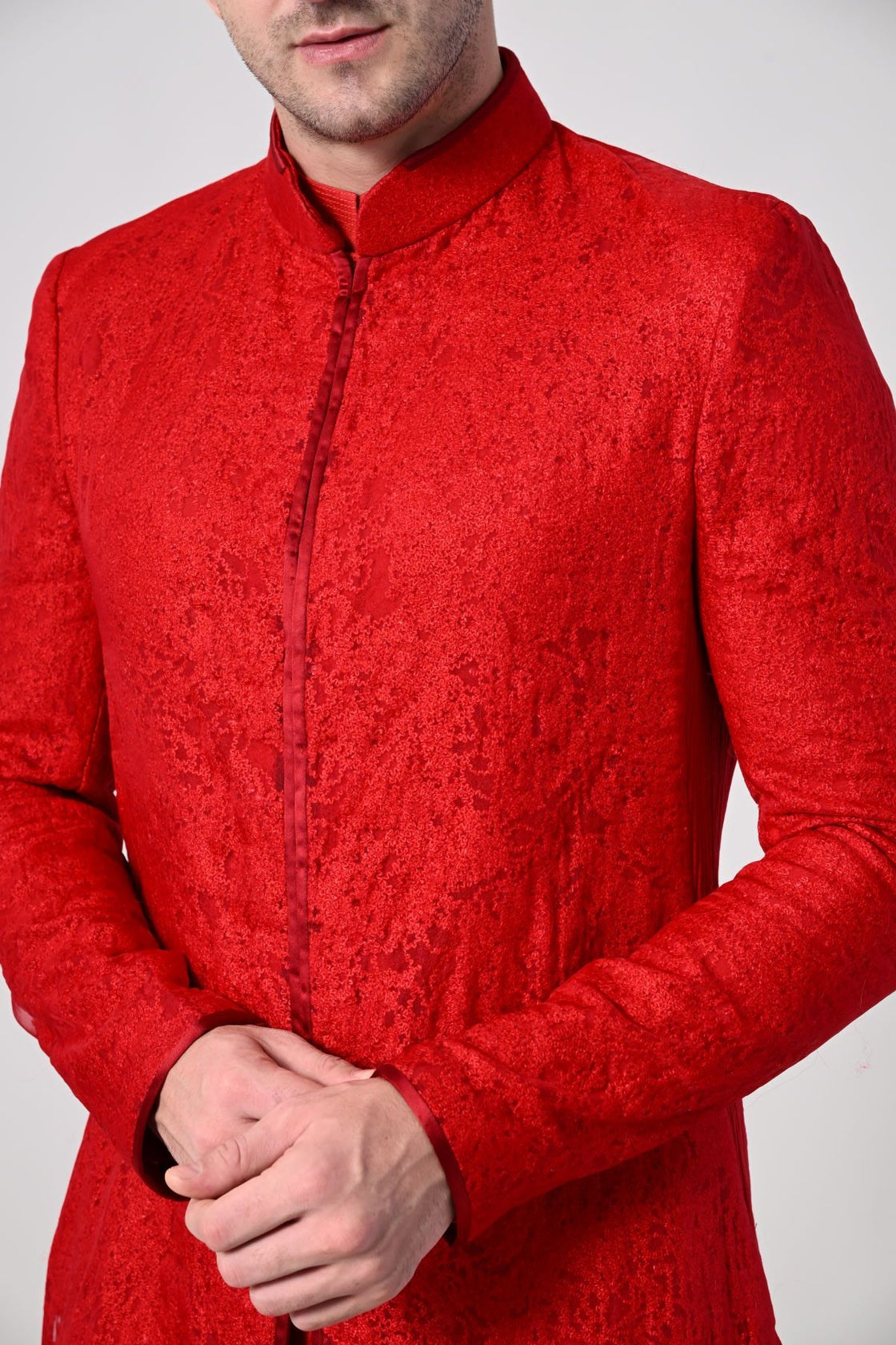 Indo - Western sherwani detailed red texture embroidery - samantchauhan Apparel & Accessories