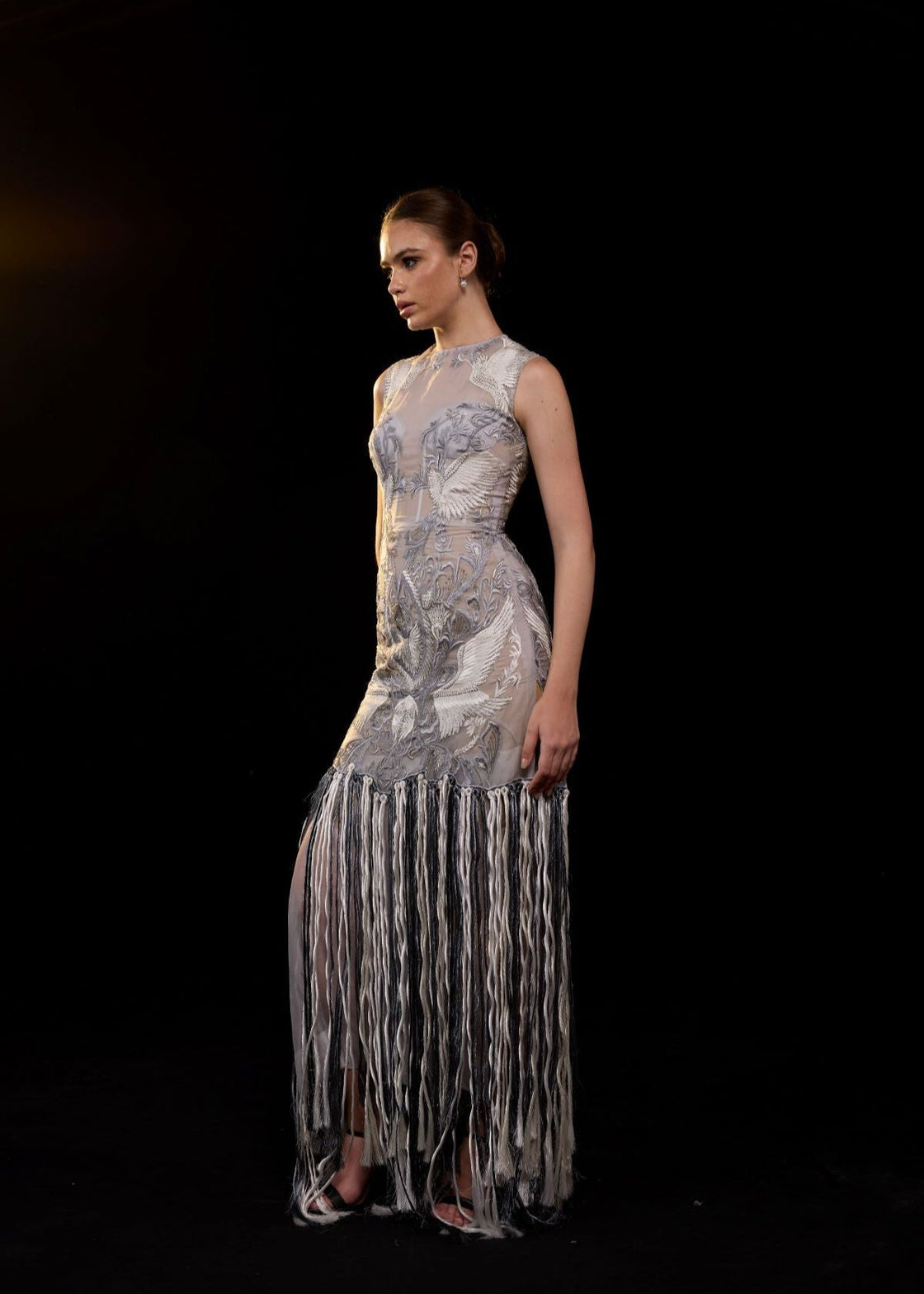 intricately embroidered sheer gown featuring a high neckline, sleeveless design - samantchauhan Apparel & Accessories