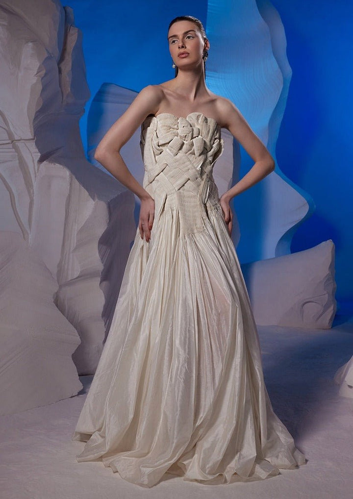 Ivory Chanderi finely pleated gown - samantchauhan Apparel &amp; Accessories