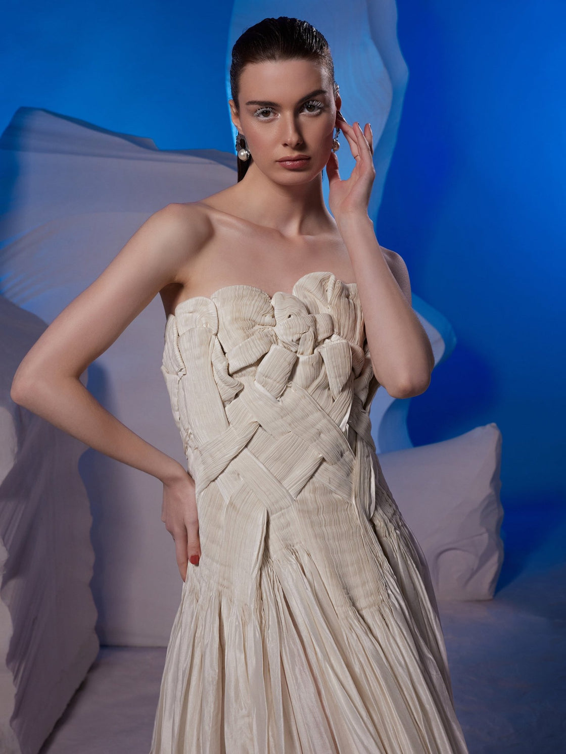Ivory Chanderi finely pleated gown - samantchauhan Apparel & Accessories