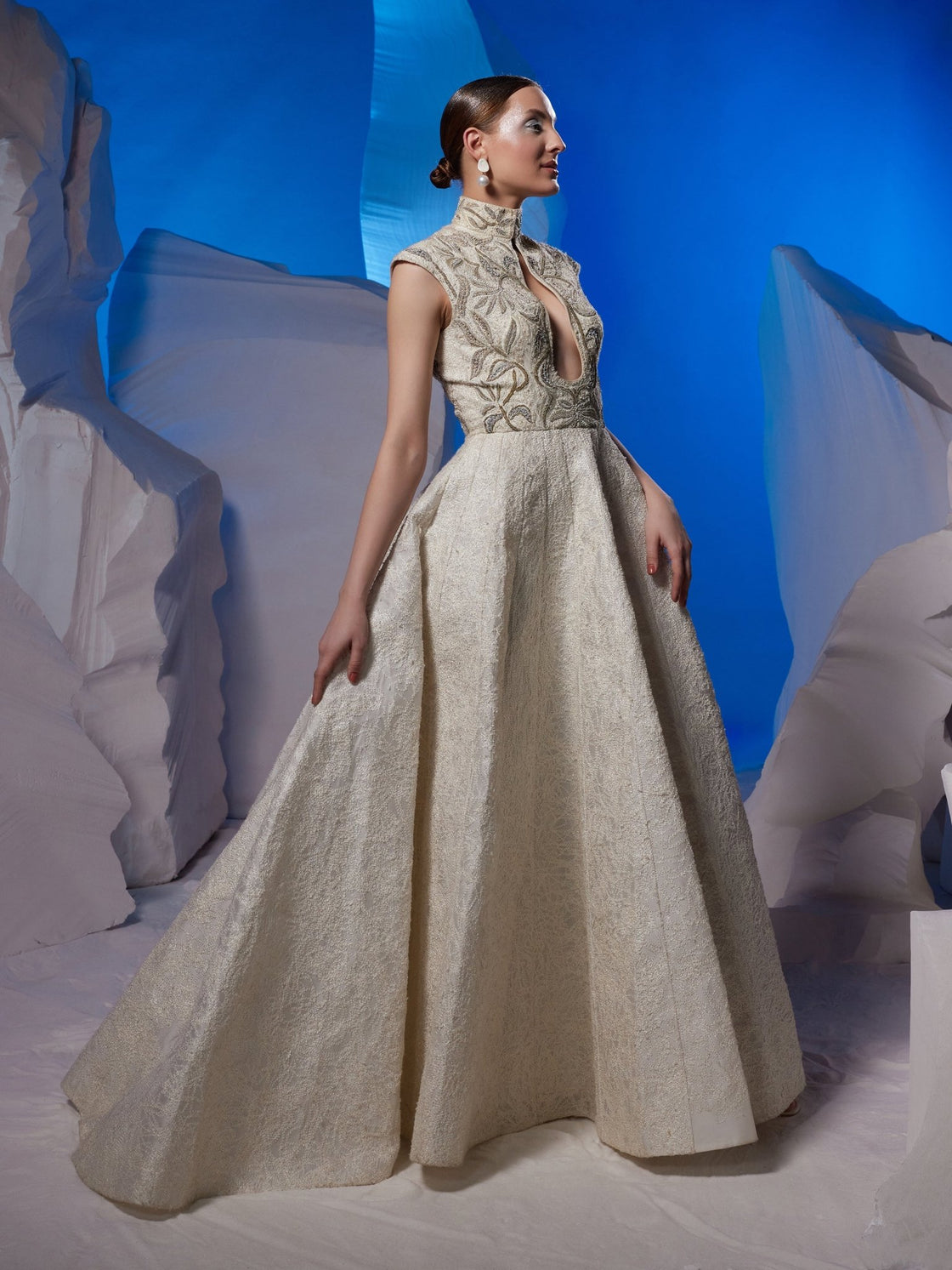 Ivory cotton silk high - neck gown with keyhole - samantchauhan Apparel & Accessories