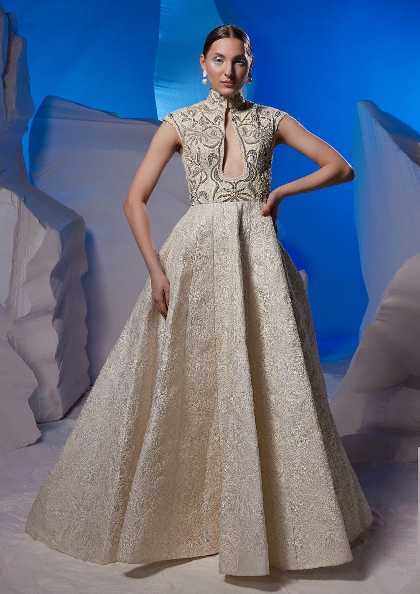 Ivory cotton silk high - neck gown with keyhole - samantchauhan Apparel & Accessories