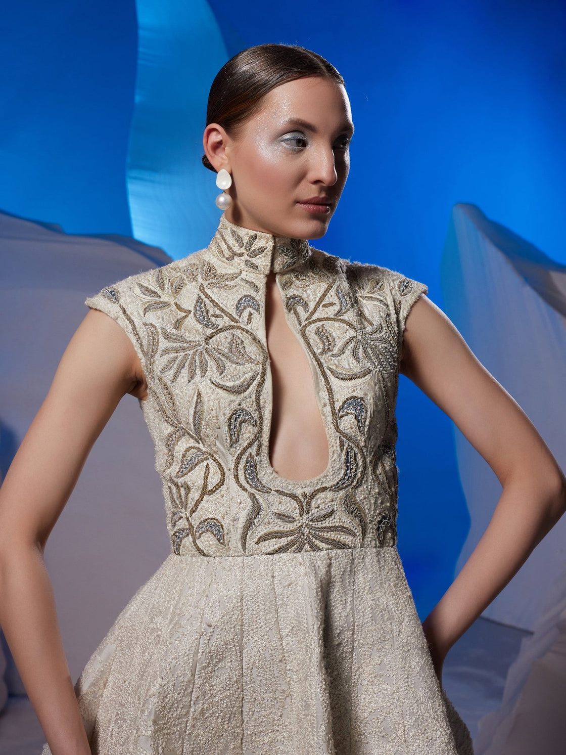 Ivory cotton silk high - neck gown with keyhole - samantchauhan Apparel & Accessories