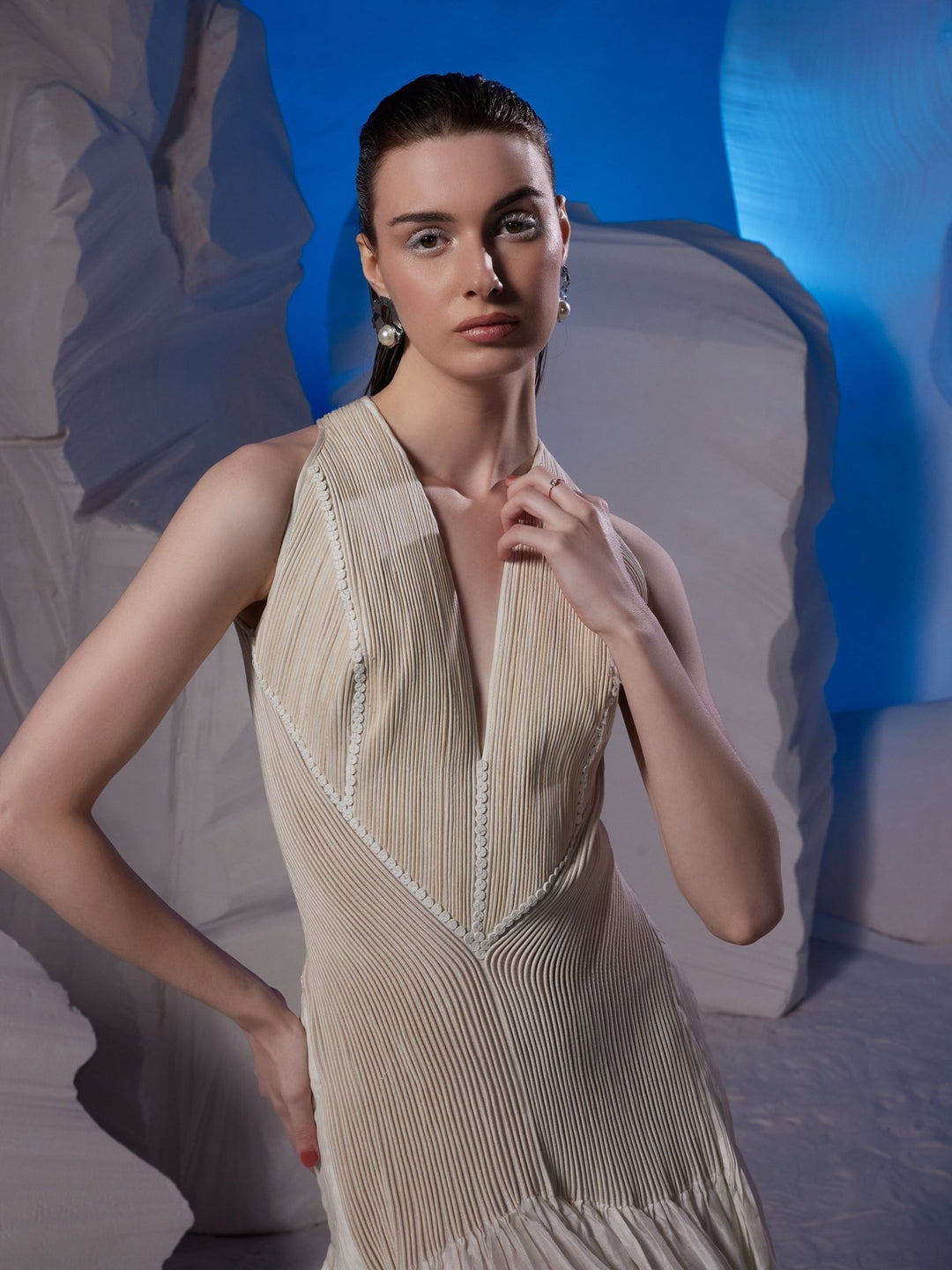 Ivory cotton silk V - neck gown. - samantchauhan Apparel &amp; Accessories