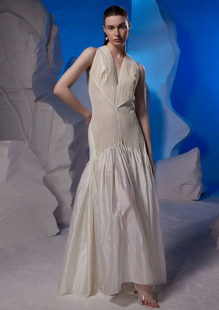 Ivory cotton silk V - neck gown. - samantchauhan Apparel &amp; Accessories