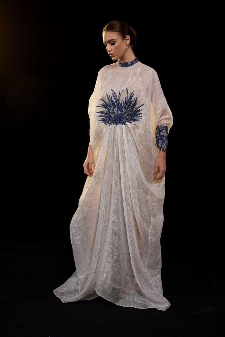 Ivory Draped Gown with Blue Embroidery.