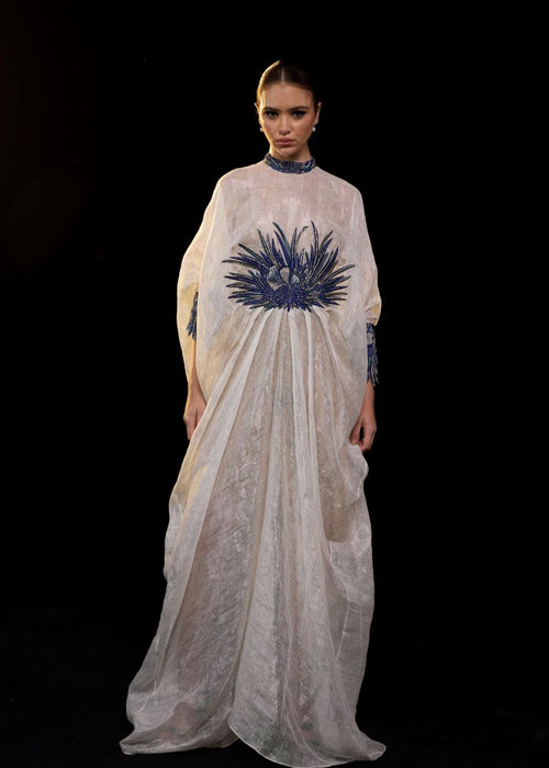 Ivory Draped Gown with Blue Embroidery.