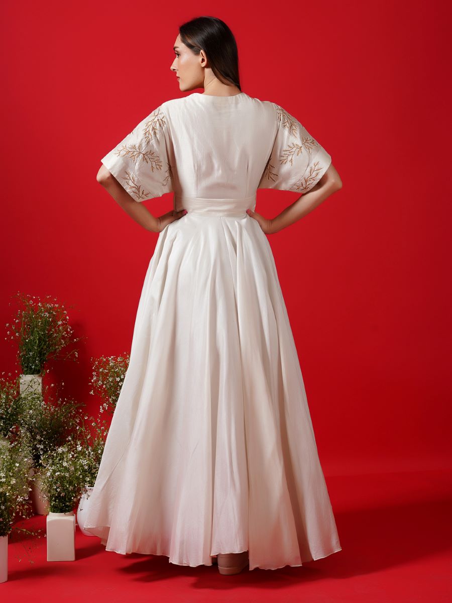 Ivory front open dress with belt - samantchauhan Apparel & Accessories