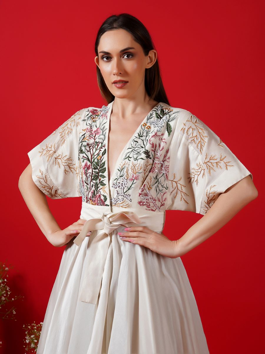 Ivory front open dress with belt - samantchauhan Apparel & Accessories