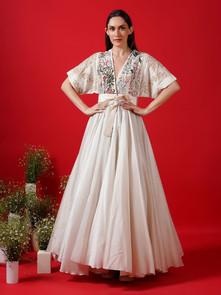 Ivory front open dress with belt - samantchauhan Apparel & Accessories