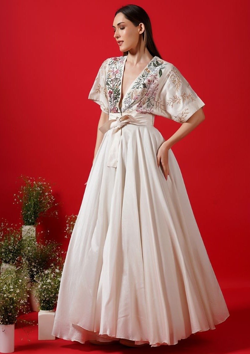 Ivory front open dress with belt - samantchauhan Apparel & Accessories