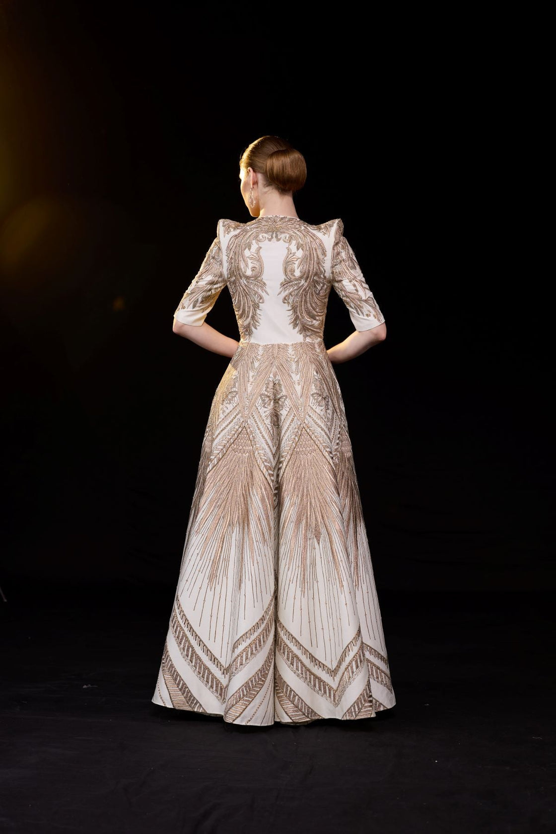 Ivory & Gold Sculpted Embroidered Gown.