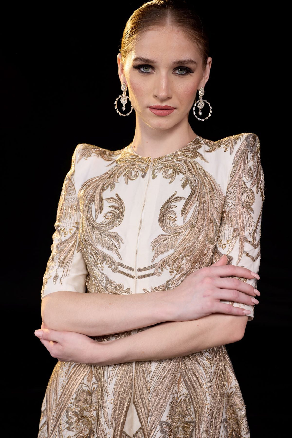 Ivory & Gold Sculpted Embroidered Gown.