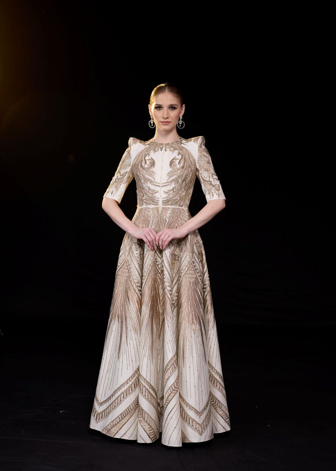 Ivory & Gold Sculpted Embroidered Gown.
