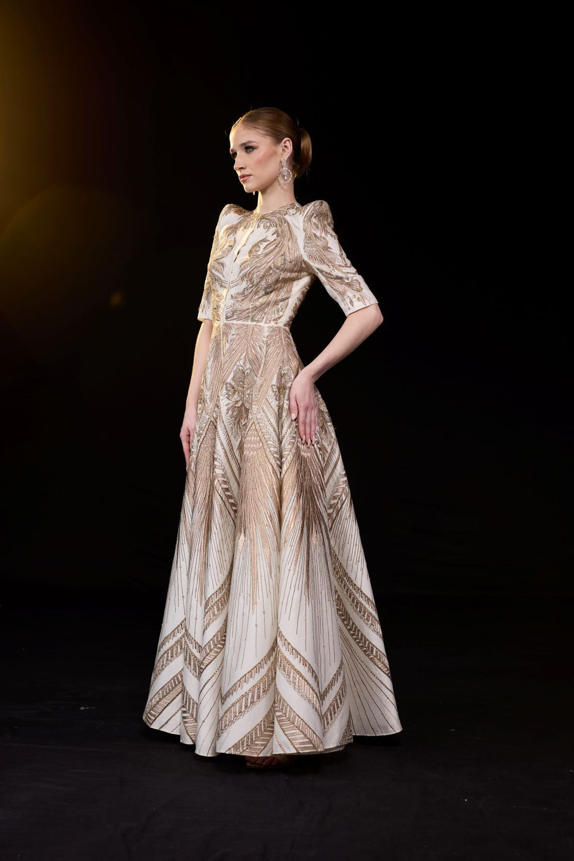 Ivory & Gold Sculpted Embroidered Gown.