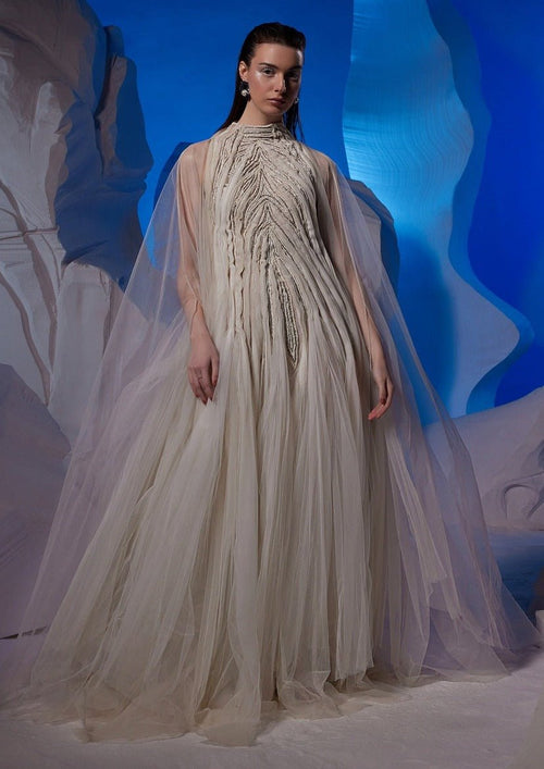 Ivory gown featuring pleating textured details. - samantchauhan Apparel & Accessories