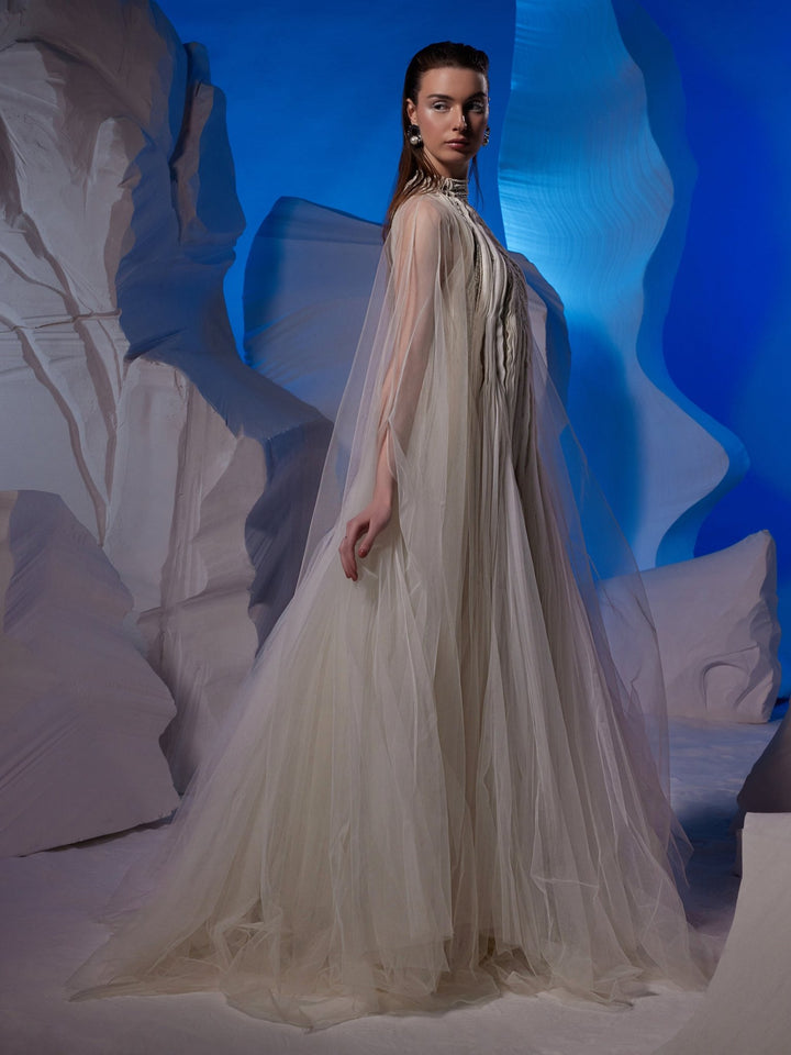 Ivory gown featuring pleating textured details. - samantchauhan Apparel &amp; Accessories