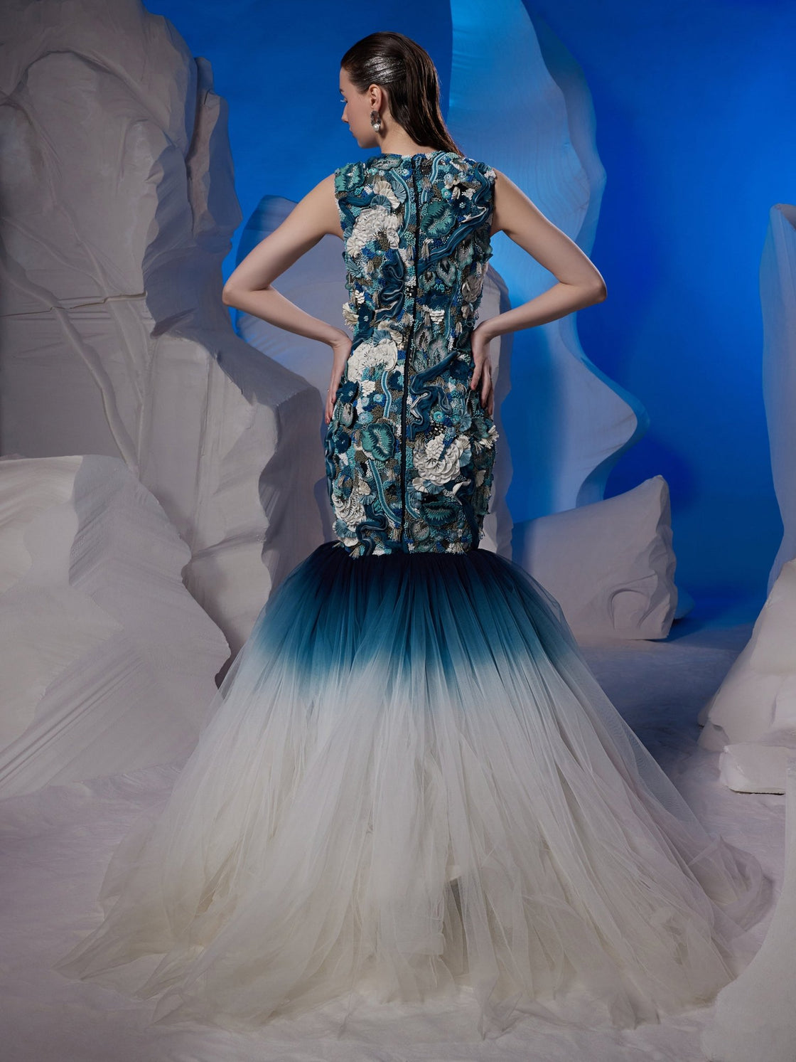 Ivory gown with a blue ombre ghera - samantchauhan Apparel & Accessories