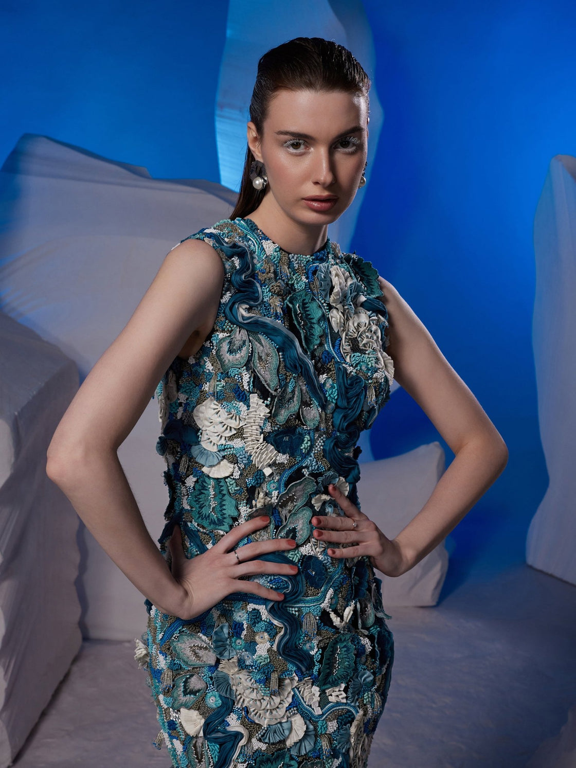 Ivory gown with a blue ombre ghera - samantchauhan Apparel & Accessories