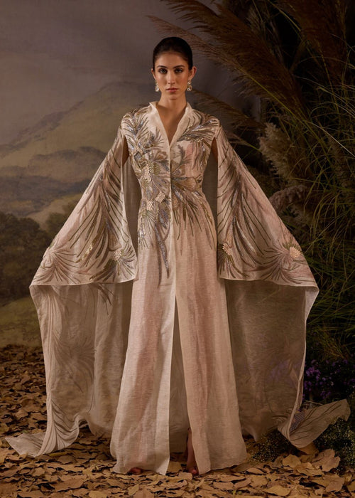 Ivory Hand - Embroidered Cape Overlay with Botanical Motifs - samantchauhan Apparel & Accessories