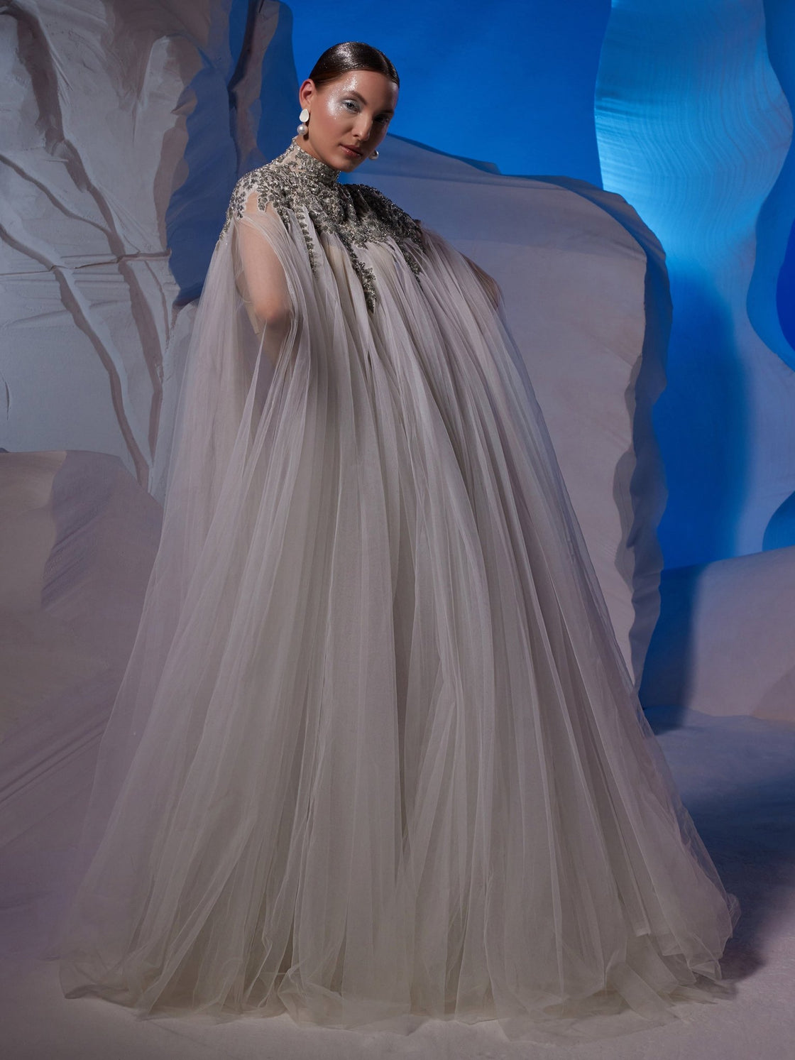 Ivory kaftan dress with silver zardozi embroidery. - samantchauhan Apparel & Accessories