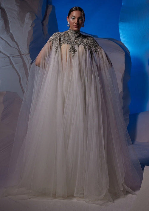 Ivory kaftan dress with silver zardozi embroidery. - samantchauhan Apparel & Accessories
