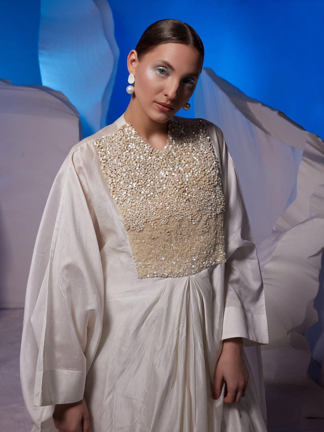 Ivory kaftan featuring loaded sequence work at front - samantchauhan Apparel & Accessories
