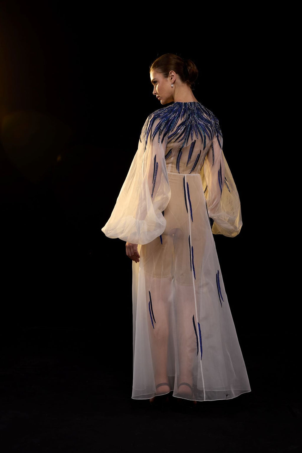 Ivory Sheer Gown with Blue Beaded Flame Embroidery - samantchauhan Apparel & Accessories