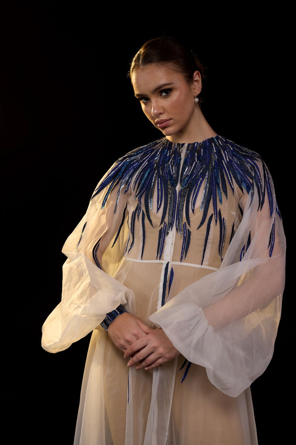 Ivory Sheer Gown with Blue Beaded Flame Embroidery - samantchauhan Apparel & Accessories