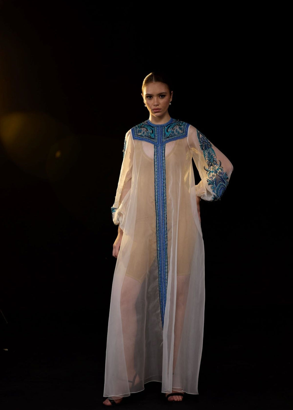Ivory Sheer Kaftan Gown with Blue Embroidered Yoke and Sleeves - samantchauhan Apparel & Accessories