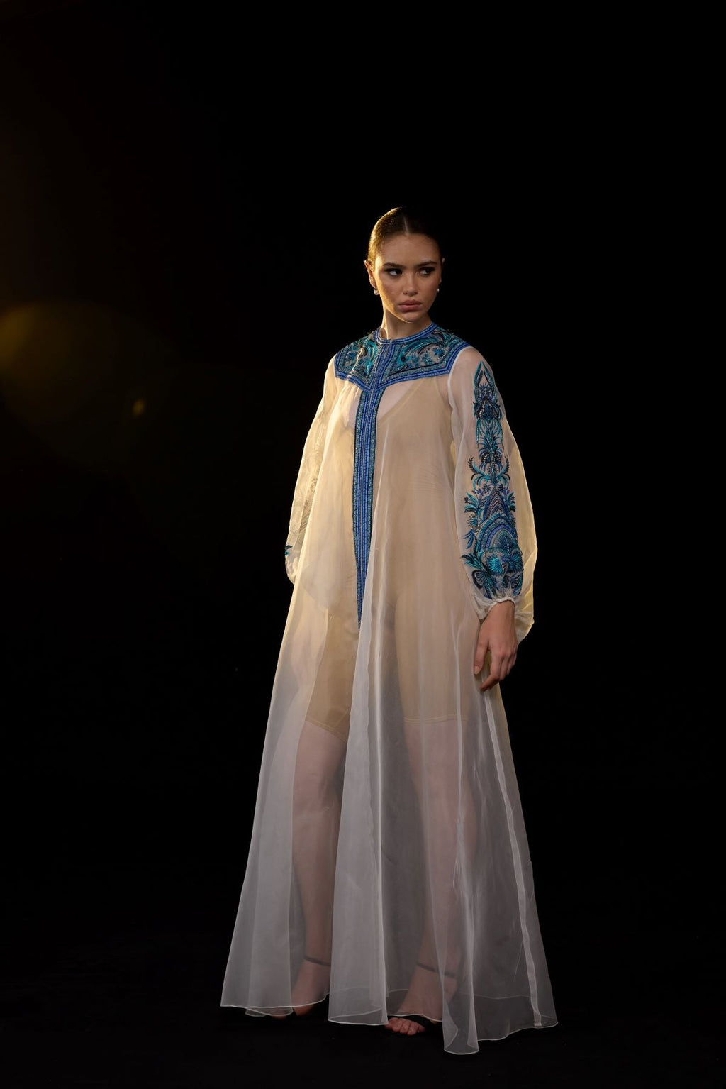 Ivory Sheer Kaftan Gown with Blue Embroidered Yoke and Sleeves - samantchauhan Apparel & Accessories