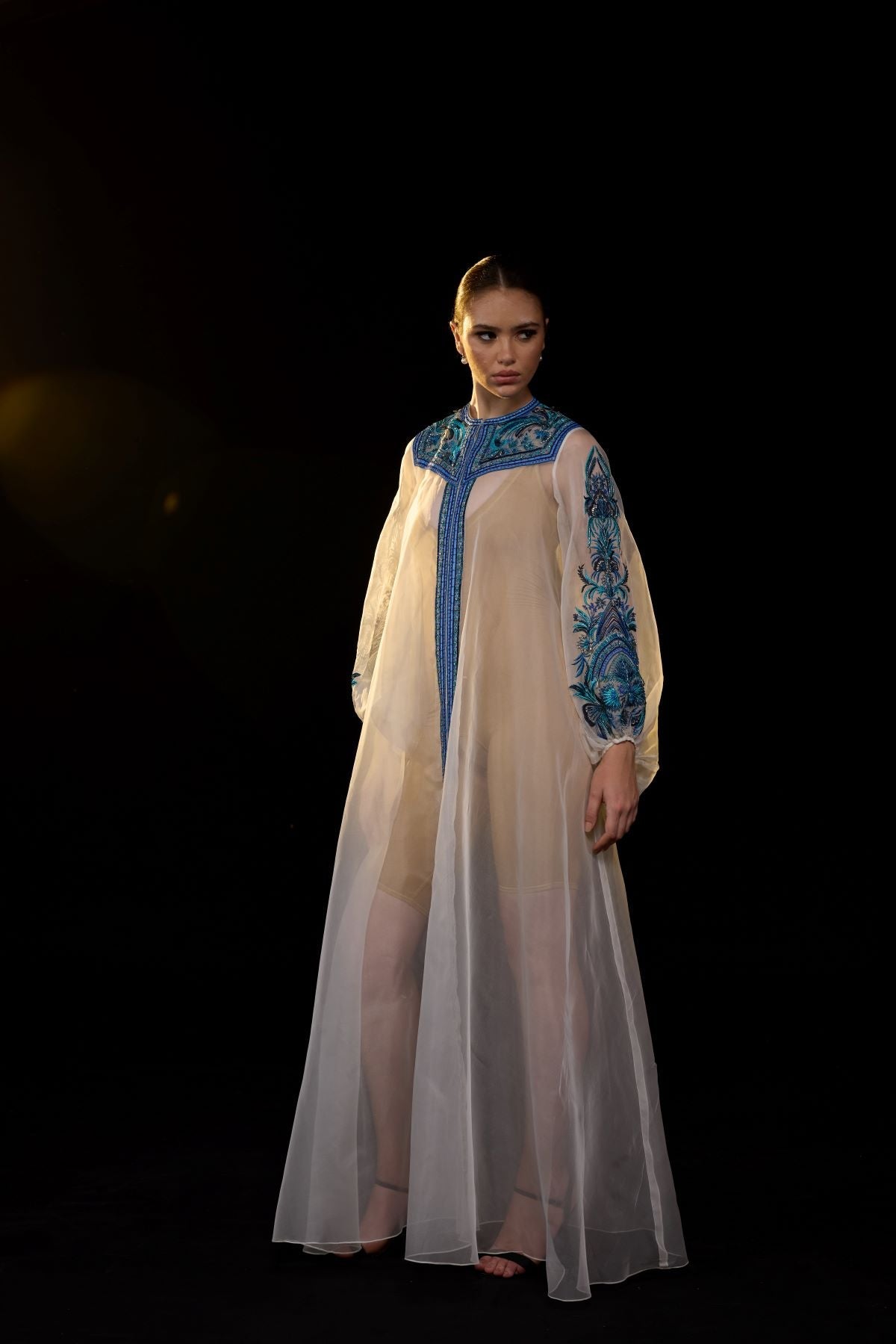 Ivory Sheer Kaftan Gown with Blue Embroidered Yoke and Sleeves - samantchauhan Apparel & Accessories