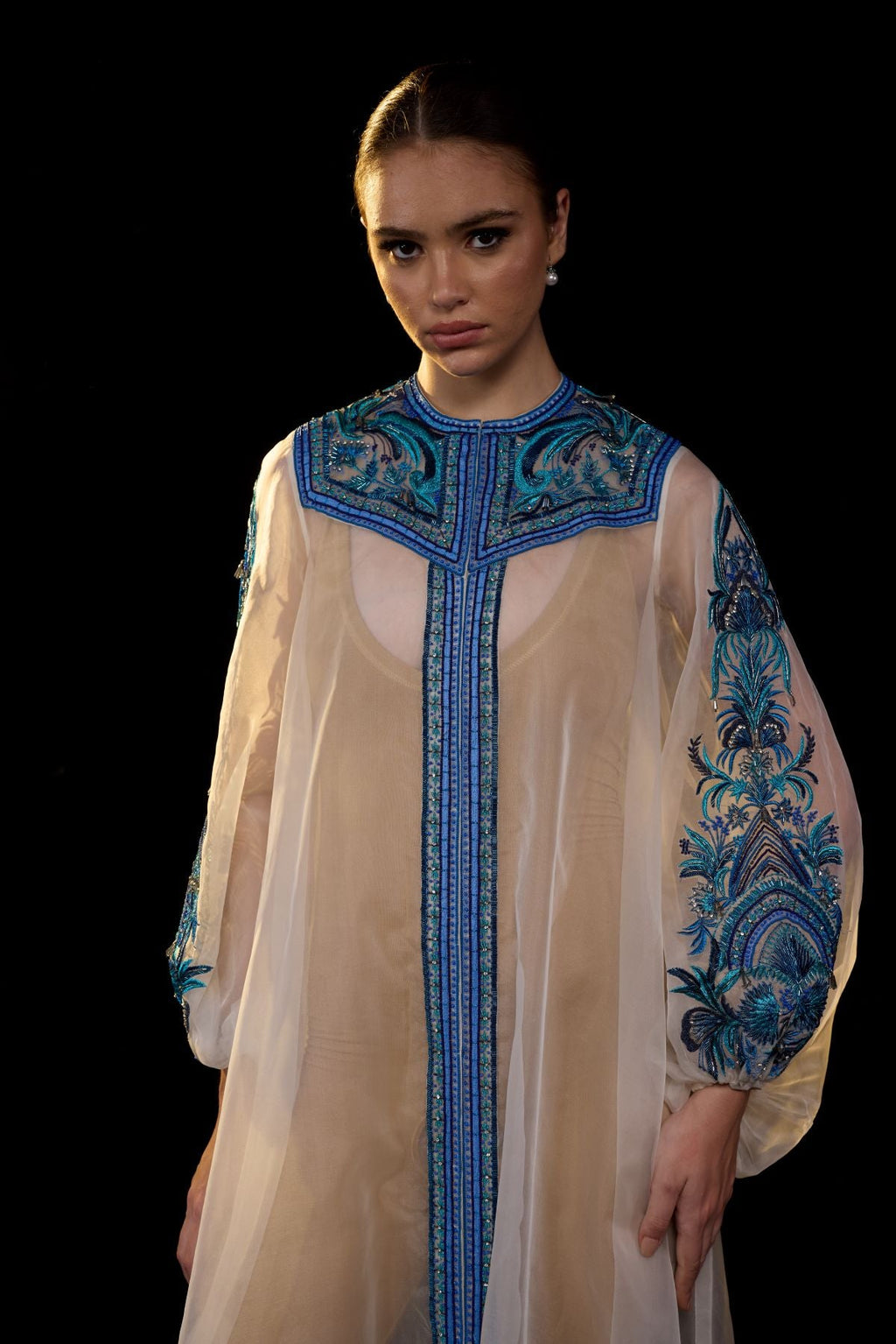 Ivory Sheer Kaftan Gown with Blue Embroidered Yoke and Sleeves - samantchauhan Apparel & Accessories