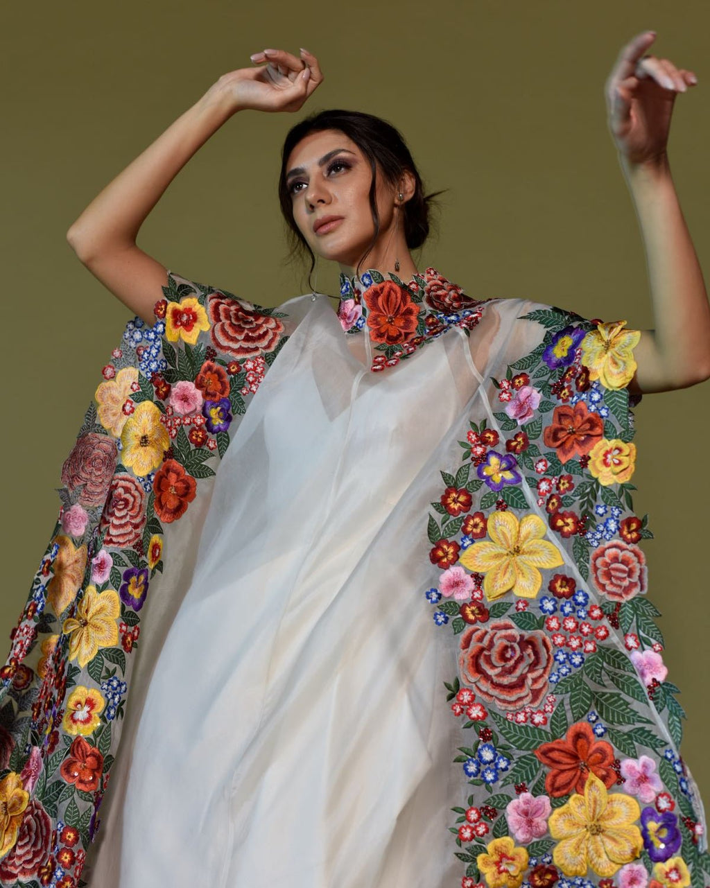 Ivory Silk Gown with Bold Floral Embroidered Cape - samantchauhan Apparel & Accessories