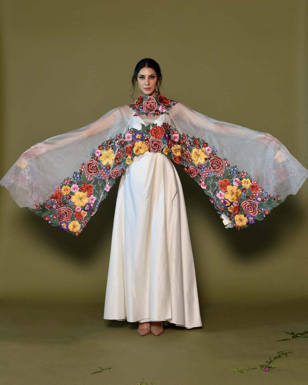 Ivory Silk Gown with Bold Floral Embroidered Cape - samantchauhan Apparel & Accessories