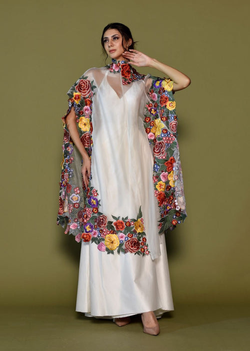 Ivory Silk Gown with Bold Floral Embroidered Cape.
